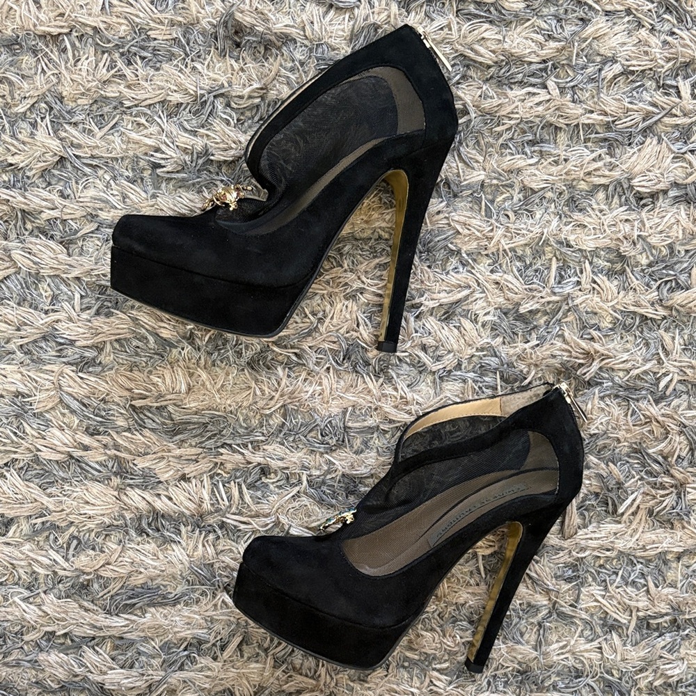 Chinese Laundry Black Suede & Mesh Heels with Removable Crystal Accents, Size 6 - Picture 4 of 10